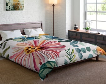 Watercolor Flower Comforter Set, Floral Bedding, Vibrant Flower Pattern, Botanical Print Duvet, Queen/King Size
