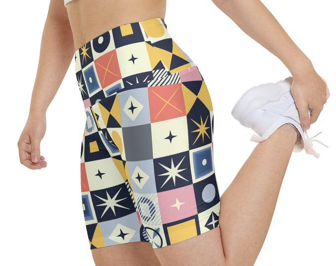 Geometric Workout Shorts for Women, Athletic Yoga Shorts, Fitness Apparel, Exercise Bottoms, Geometric Pattern Shorts