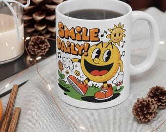 Smiley Daily Dose Ceramic Mug - Cheerful Coffee Cup Gift for Friends, Sunny Vibes, Motivational Mug, Cute Kitchen Decor, Happy Days