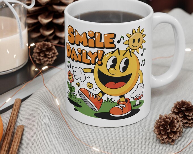 Smiley Daily Dose Ceramic Mug - Cheerful Coffee Cup Gift for Friends, Sunny Vibes, Motivational Mug, Cute Kitchen Decor, Happy Days