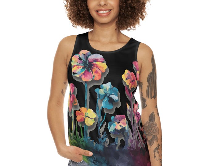 Floral Art Unisex Tank Top, Vibrant Summer Top, Gift for Garden Lovers, Festival Wear, Colorful Vacation Apparel