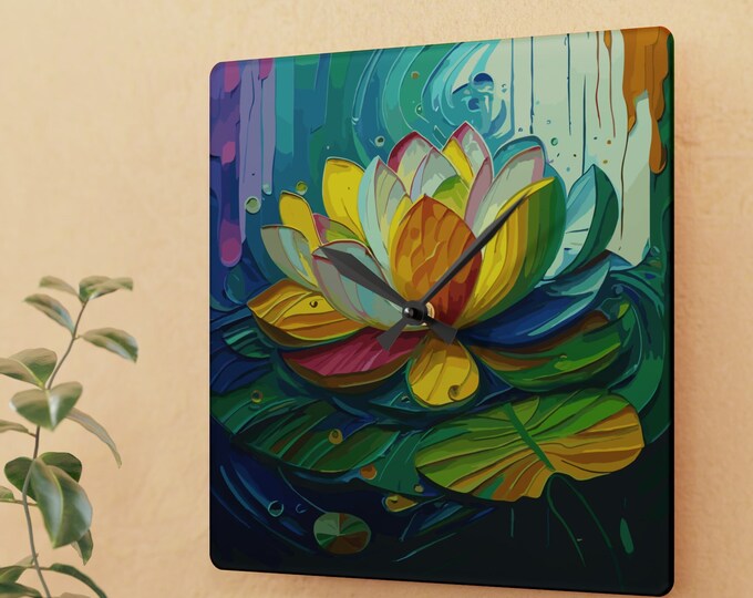 Lotus Flower Acrylic Wall Clock, Colorful Home Decor, Unique Wall Clock, Floral Artwork, Gift for Her