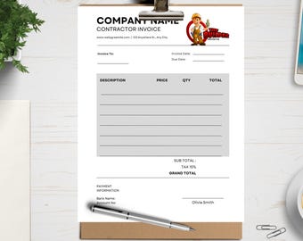 Contractor Invoice editable with logo, download contractor invoice, edit invoice in Canva, Canva link included, construction worker invoice