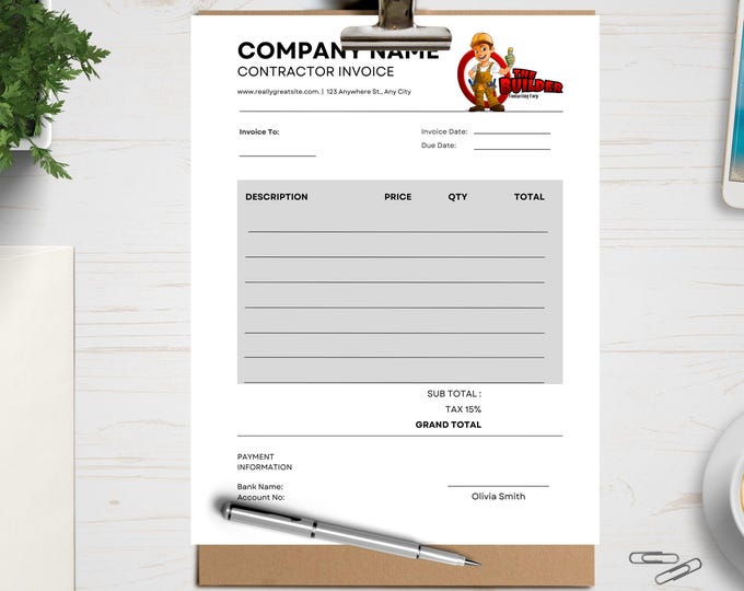 Contractor Invoice editable with logo, download contractor invoice, edit invoice in Canva, Canva link included, construction worker invoice