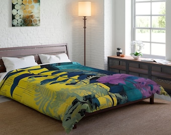 Tropical Rainforest Comforter, Exotic Floral Pattern Bedspread, Vibrant Botanical Print