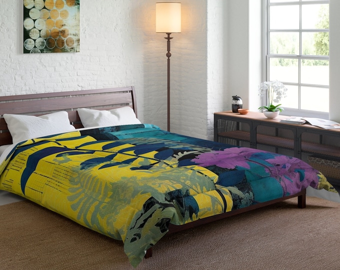 Tropical Rainforest Comforter, Exotic Floral Pattern Bedspread, Vibrant Botanical Print