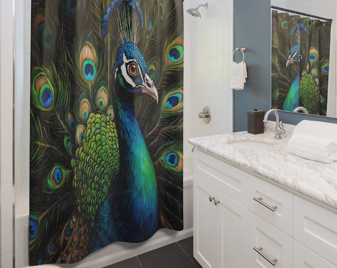 Peacock Shower Curtain, Bird Bathroom Decor, Colorful Bath Curtain, Nature Inspired, Unique Home Decor