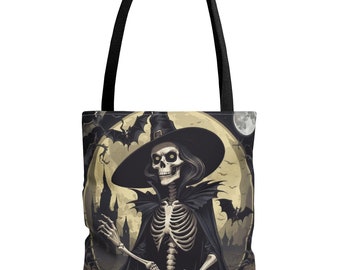 Skeleton Halloween Tote Bag, Wicked Design, All-Over Print (AOP), Spooky Trick or Treat Bag, Gothic Tote, Halloween Accessory