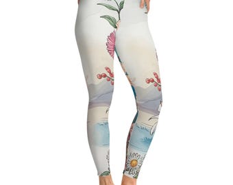 White Floral Stretch Leggings for Yoga, Fitness, Travel, Casual Wear, Boho Style, Spring Fashion