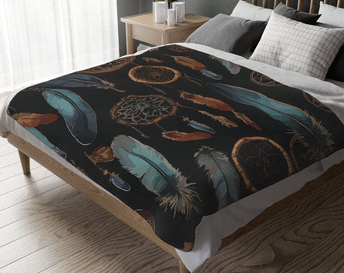 Dreamcatcher Microfiber Blanket, Velveteen Throw, Two-Sided Print, Boho Decor, Cozy Bedding, Native American Inspired