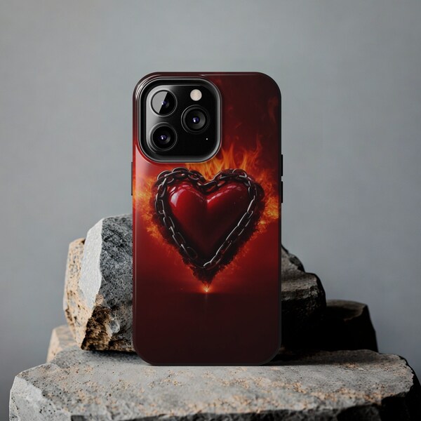 Chained Heart Flames Case, Durable Phone Cover, Fire Print, Heart Design, Gift for Him/Her