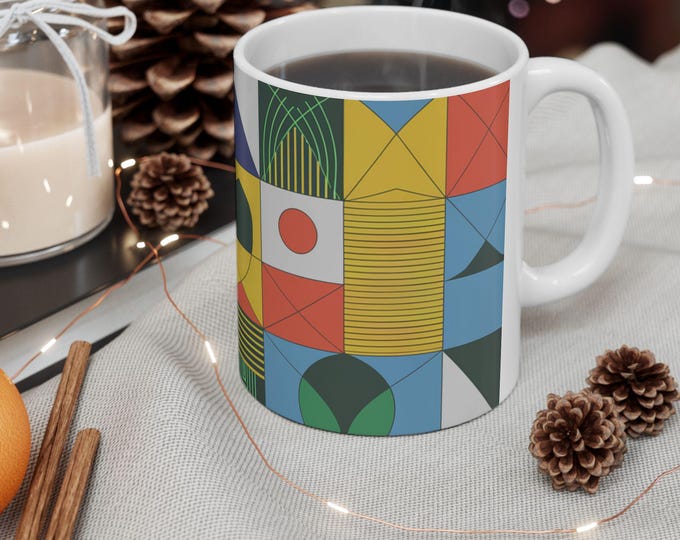 Colorful Geometric Ceramic Mug, Artistic Coffee Cup, Modern Design Drinkware, Stylish Tea Mug, Vibrant Gift for Art Lovers, Home Decor