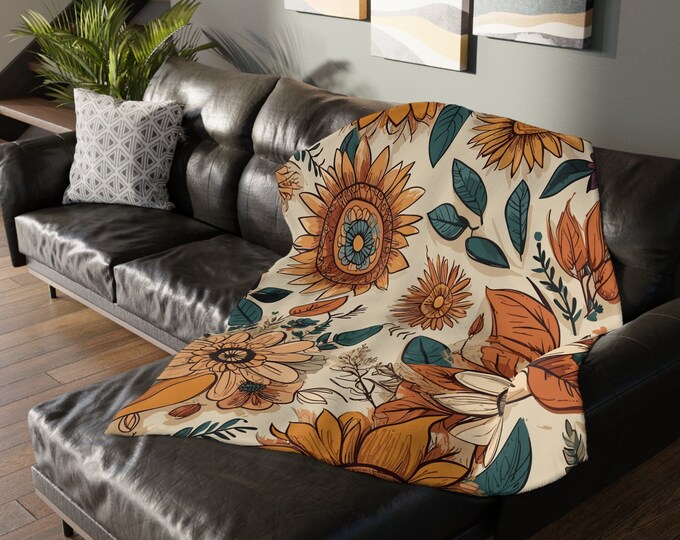 Boho Sunflower Velveteen Microfiber Blanket, Two-Sided Print, Soft Cozy Blanket, Floral Home Decor, Gift for Her