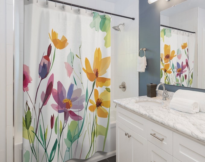 Flower Pattern Shower Curtain, Watercolor Floral Bathroom Decor, Nature Inspired, Spring Theme