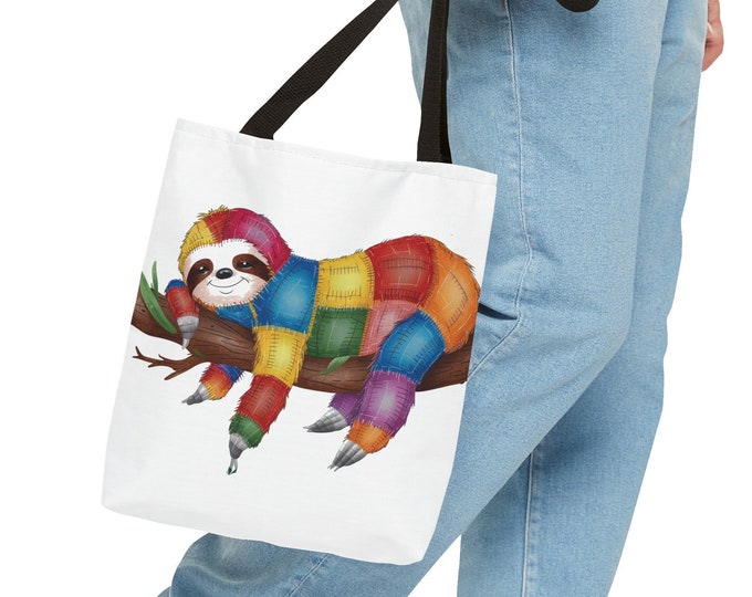 Sloth Tote Bag Colorful Patchwork Design, All Over Print Shoulder Bag, Cute Sloth Gift, Vibrant Sloth Art Purse