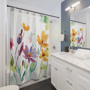 Flower Pattern Shower Curtain, Watercolor Floral Bathroom Decor, Nature Inspired, Spring Theme