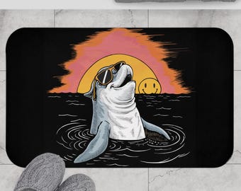 Cool Shark Sunset Bath Mat, Ocean Vibe Decor, Fun Bathroom Accessory, Gift for Beach Lovers, Relaxing Home Decor