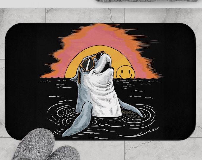 Cool Shark Sunset Bath Mat, Ocean Vibe Decor, Fun Bathroom Accessory, Gift for Beach Lovers, Relaxing Home Decor