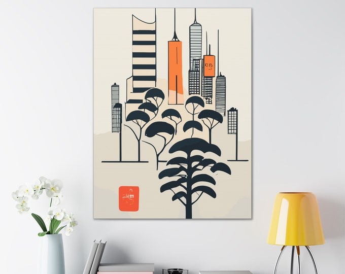 Sumie Art Stretched Canvas 0.75 Inch, Japanese Ink Painting, Wall Decor, Ready to Hang, Modern Home Art Decor, Abstract Cityscape art