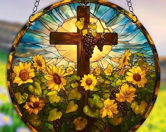 Cross Among Daisies Suncatcher - Colorful Acrylic Hanging Logo with Flower Cross Design - Perfect Festival, Window decor,  5.9 Inches round