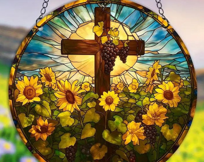 Cross Among Daisies Suncatcher - Colorful Acrylic Hanging Logo with Flower Cross Design - Perfect Festival, Window decor,  5.9 Inches round