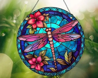 Beautiful Red Acrylic Dragonfly Suncatcher 5.9 Round Wall Decoration, Window Decoration, Garden Decoration, great gift for mom or friends.