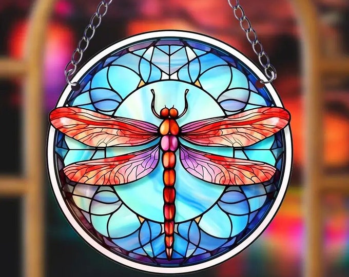 Red and Blue Dragonfly Acrylic Suncatcher, Garden Decoration (5.9 inch)