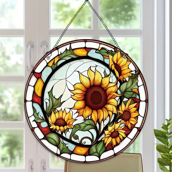 Sunflowers Colorful Transparent Acrylic Suncatcher Flowers Decorations, Window Hanging comes with hook for window 5.9in diameter, great gift