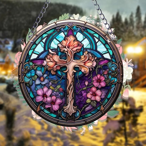 Flower Vintage Cross Acrylic Suncatcher Window or Wall Sign, 5.9 in Round, Hanging Plaque Pendant, For Door Farmhouse Festival Decor, Gift