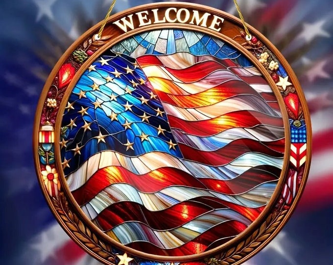 US Flag Memorial Suncatcher, Circular Hanging Pendant, Remembrance Keepsake, Patriotic Memorial Gift