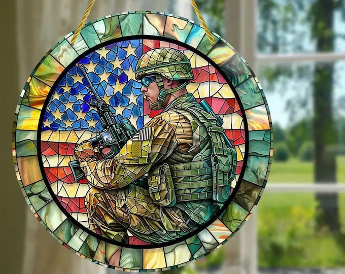 Patriotic Soldier Memorial Suncatcher, Stained Glass Window Hanging, Acrylic sign, Housewarming Gift, 6inx6in, Model Soldier, Veteran Gift