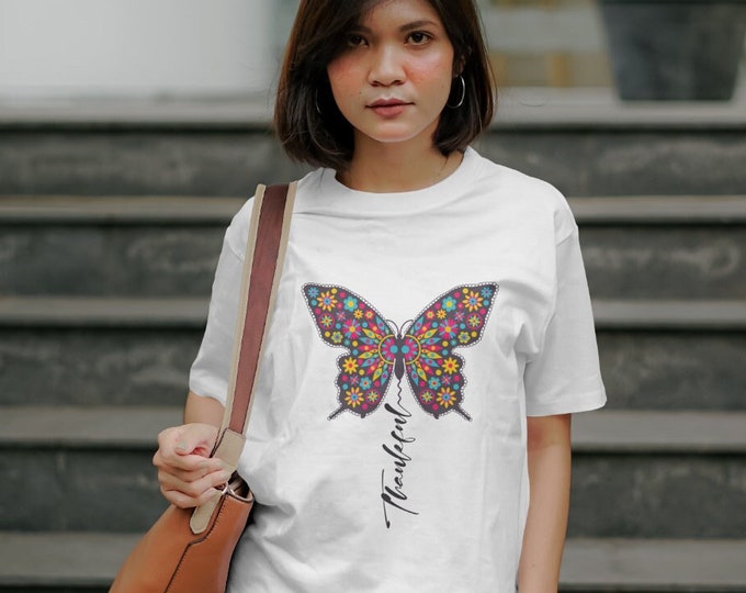 Butterfly Unisex Jersey Tee, Thankful Shirt, Short Sleeve Gift, Nature Inspired Tee, Thankful Butterfly Design