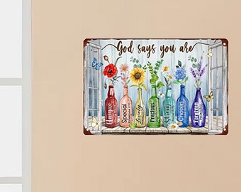 God Says You Are Rainbow Colored Glass Bottles Unique Wall Art 12x8 Inch Sign Retro Metal Tin Beautiful Flowers, great for Christmas gift.