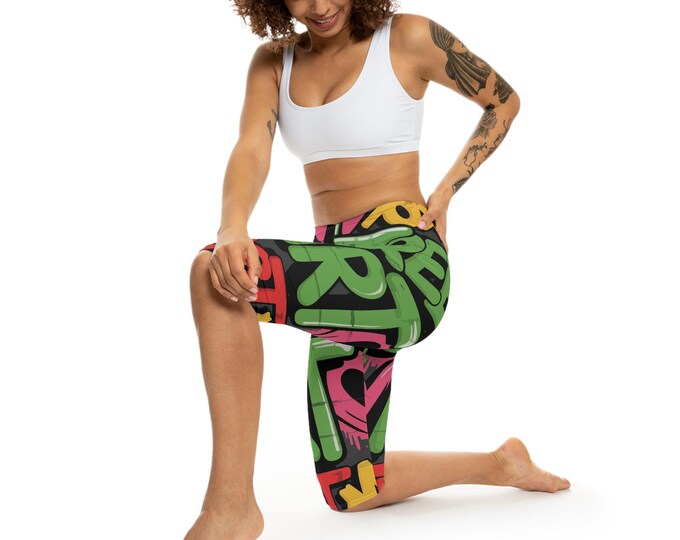 Graffiti Print Womens Capri Leggings, Sporty Activewear for Running, Yoga Pants, Casual Fashion, Streetwear Style, Gift Idea