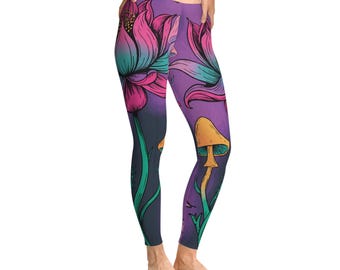Floral Mushroom Yoga Leggings: Bohemian Stretchy Athletic Pants
