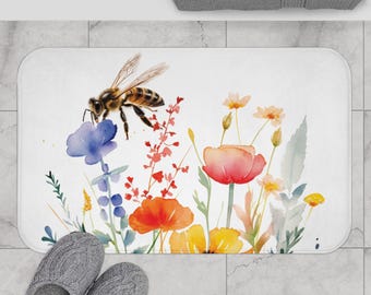 Floral Bee Bath Mat, Vibrant Shower Rug, Boho Home Decor, Nature-Inspired Gift, Spring Decor, Bathroom Accessory