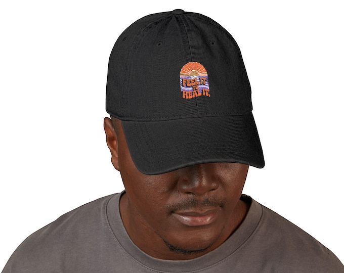 Feel it Heal It Denim Hat (Embroidery) - Embroidered Denim Cap, Healing Vibes Hat, Positive Energy Cap, Denim Baseball Cap, Inspirational