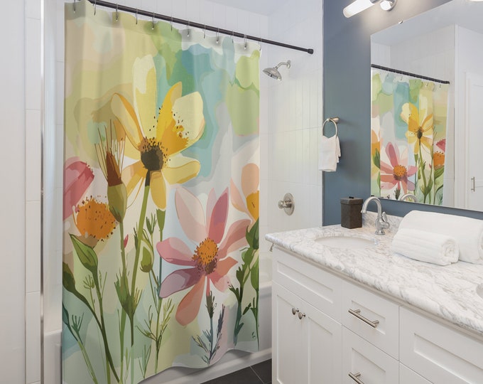 Colorful Daisy Shower Curtain – Floral Botanical Decor, Waterproof Polyester 71×74