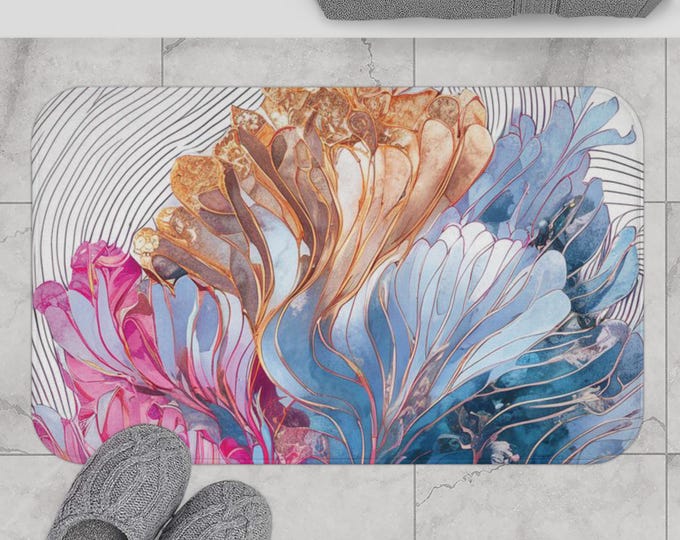 Modern Floral Bath Mat, Non-Slip Bathroom Rug, Flower Pattern, Floral Home Decor, Floral Shower Mat