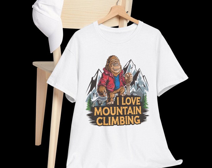 Cute Bigfoot Mountain Adventure Unisex Tee Outdoor Explorer, Unisex Heavy Cotton Tee, mountain climbing, gift for her or him