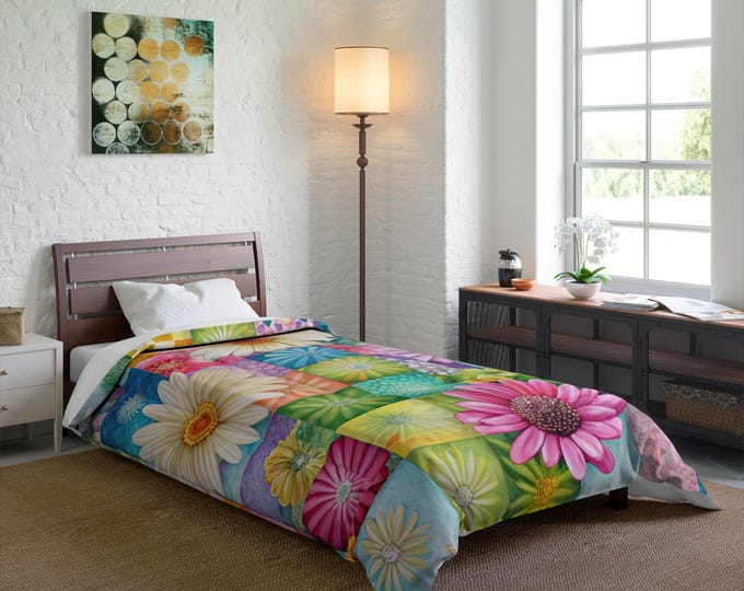 Floral Patchwork Comforter, Bedding Set, Floral Bedspread, Boho Home Decor, Cozy Comforter, Floral Quilt