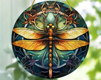 Golden Dragonfly Suncatcher, Colorful Acrylic Wall Decor (5.9 inch)