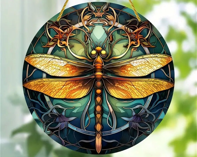 Beautiful Golden Dragonfly Acrylic Suncatcher, 5.9 inches Round, Colorful Gift, Great Wall Decoration, Nice Garden Plaque, Gift for Friend