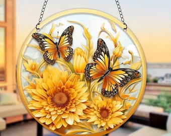 Vibrant Butterfly with Sunflower Stained Acrylic Suncatcher nicely Crafted Window Hanging with Beautiful Sun Catcher Effect, great gift