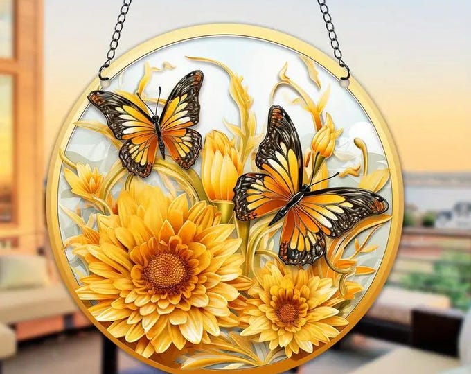 Vibrant Butterfly with Sunflower Stained Acrylic Suncatcher nicely Crafted Window Hanging with Beautiful Sun Catcher Effect, great gift