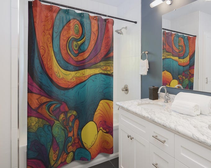 Psychedelic Colored Shower Curtains, Boho Bathroom Decor, Abstract Art Bath Curtains, Unique Home Accessories, Vibrant Washroom Accessories