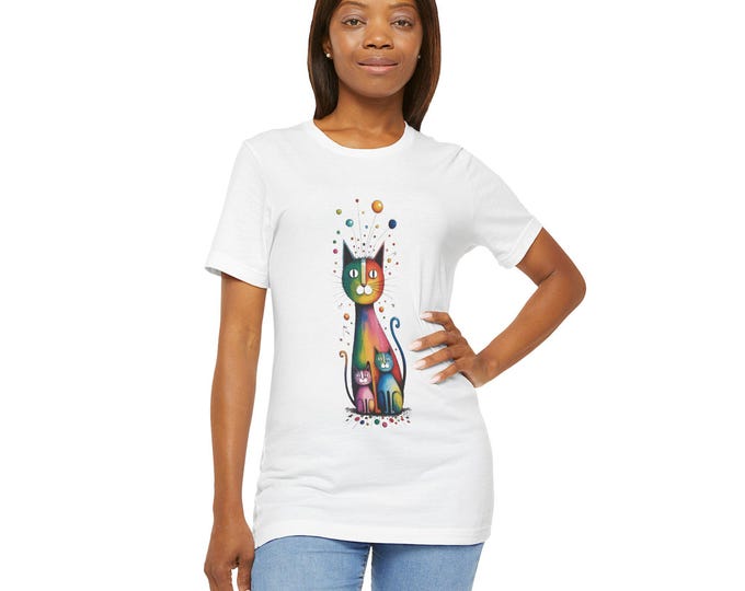 Colorful Cat Unisex Tee, Fun Cat T-Shirt, Cat Lover Gift, Cat Graphic Shirt, Cat Art Top