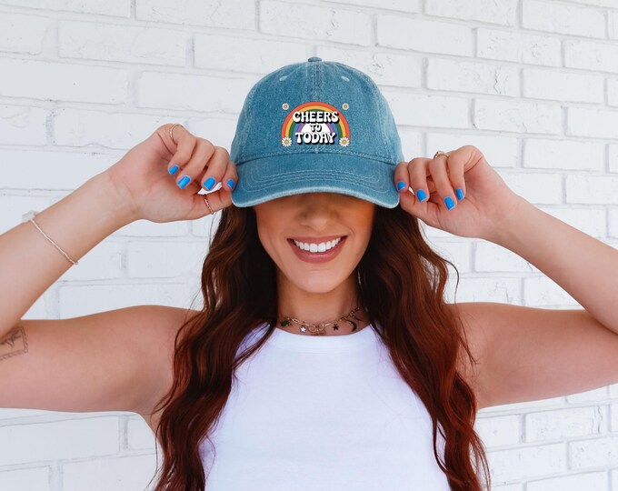 Embroidered Rainbow Hat - Cheers to Today Cap, Trendy Denim Hat, Summer Accessory, Gift for Friends, Casual Fashion Statement