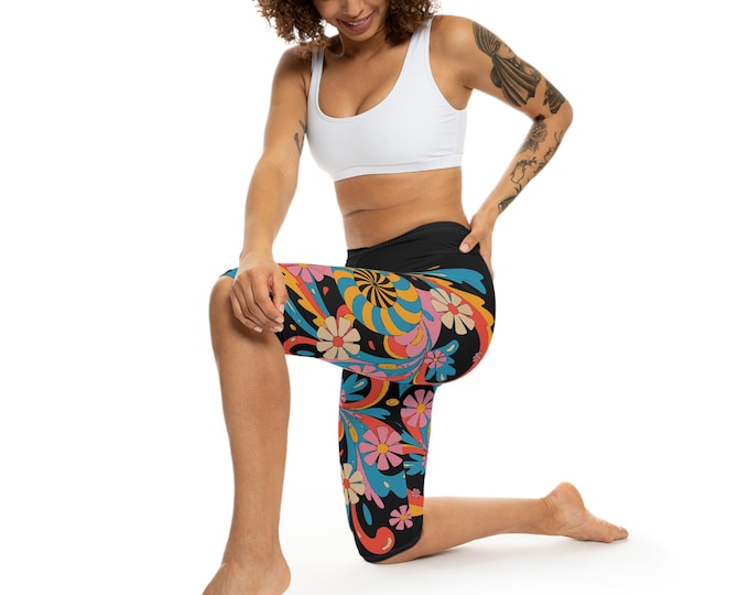 Vintage Floral Capri Leggings - Colorful Workout Leggings, Yoga Pants, Summer Activewear, Festival Fashion, Gift for Her