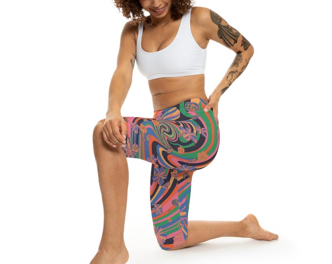 Retro Swirl Capri Leggings, Workout Leggings, Yoga Pants, Women's Active Wear, Printed Leggings, Athletic Bottoms